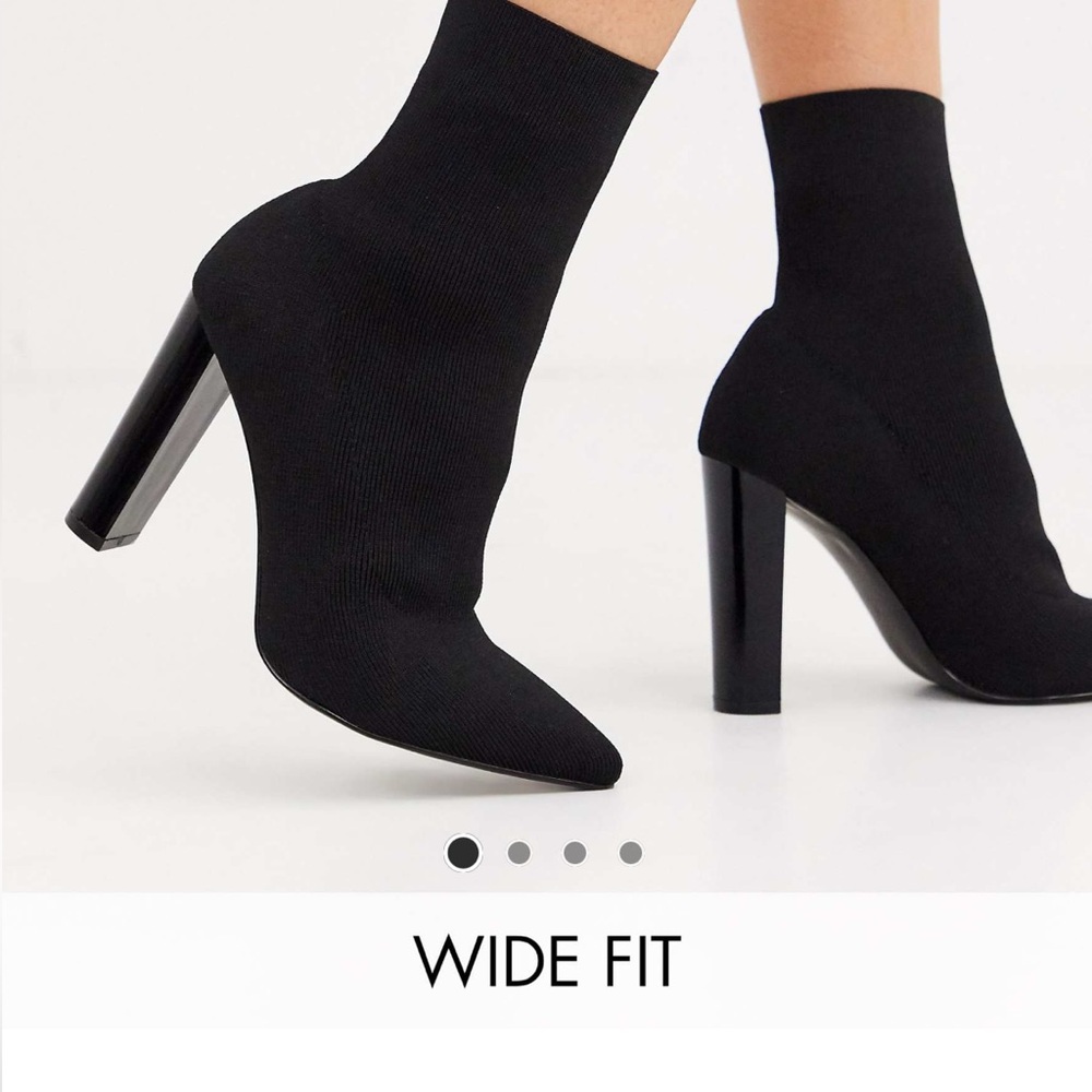 ASOS DESIGN Wide Fit Enhance block heel sock boots in black knit- Size 10